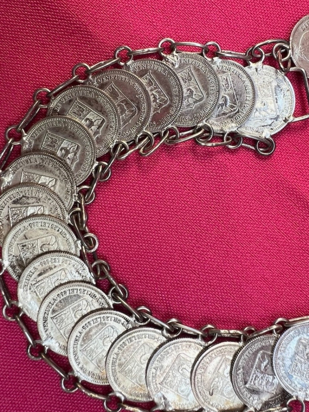 Coin Venezuela Bolivar Libertador Silver Coin Bracelet 19 Coins 7" Vintage